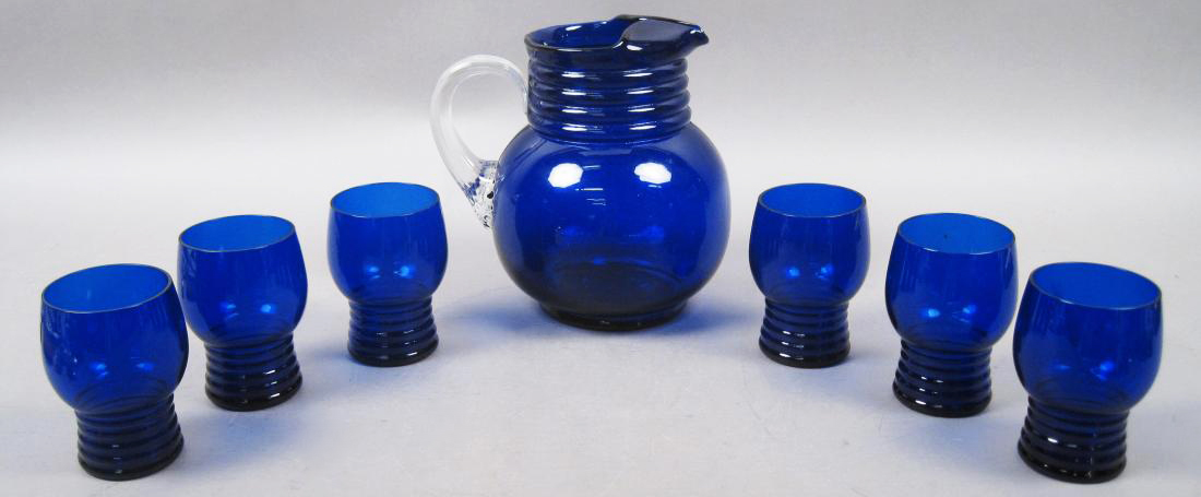 Vintage Cobalt Blue Glass Pitcher and Tumbler Set