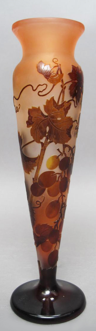 Antique French Grapes Leaves Vines Brown Glass Hand Crafted Galle Vase