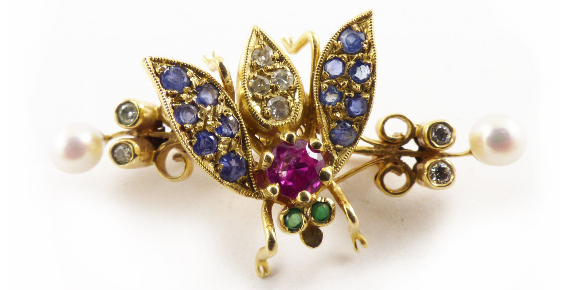Antique Gold Sapphire Diamond Emerald Insect Brooch