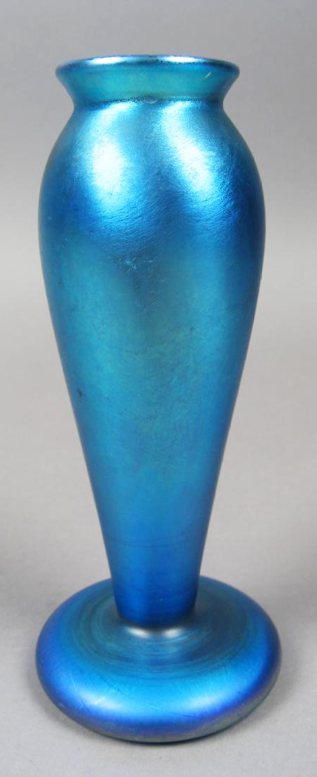 Antique American Quezal Iridescent Blue Glass Bud Vase