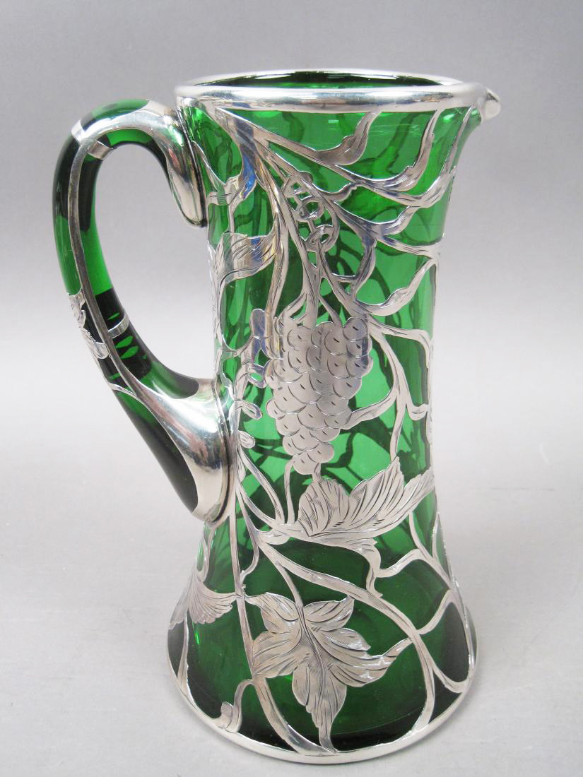 Grapes Leaves & Vines Sterling Silver Overlay Emerald Green Art Glass Pitcher