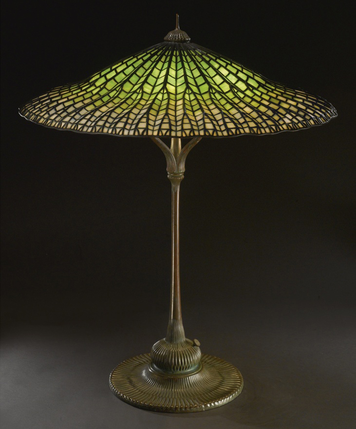 Antique Louis Comfort Tiffany Stained Glass Dragonfly Wing Brass Lamp