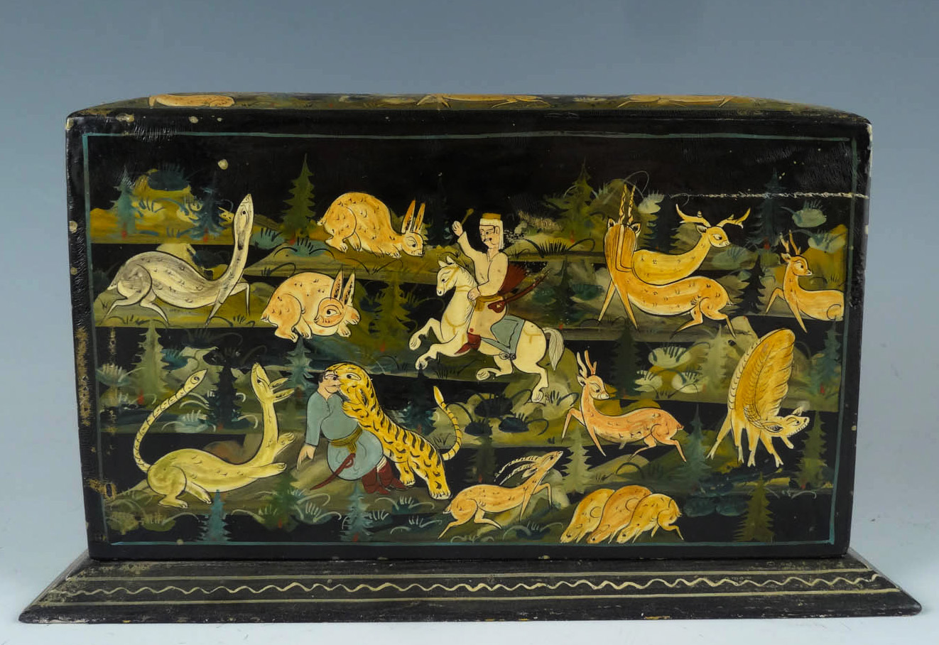 Antique Painted Lacquer Hunting Scene with Deer, Tiger, Man on Horse