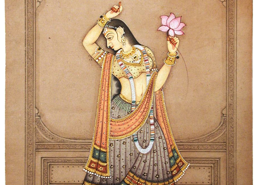 Painted Manuscript Miniature Dancing Girl with Lotus