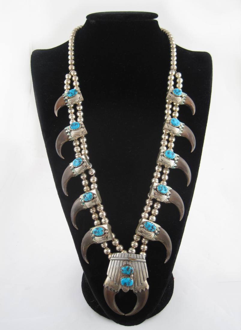 American Indian Pawn Sterling Silver and Turquoise Bear Claw Necklace