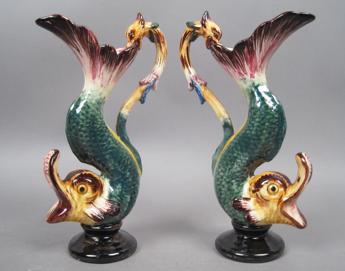 Pair Antique Hand Painted Figural Fish Handled Pitchers