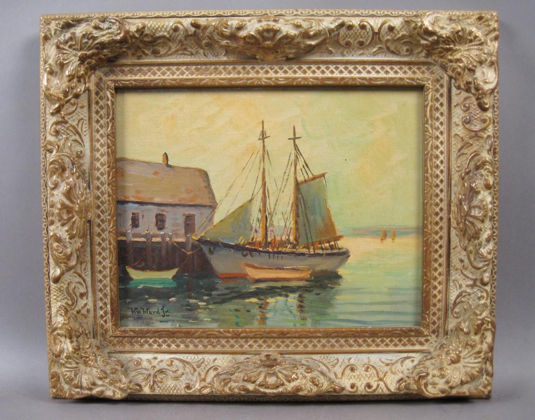 Antique Oil Painting Seascape with Boat and Dock