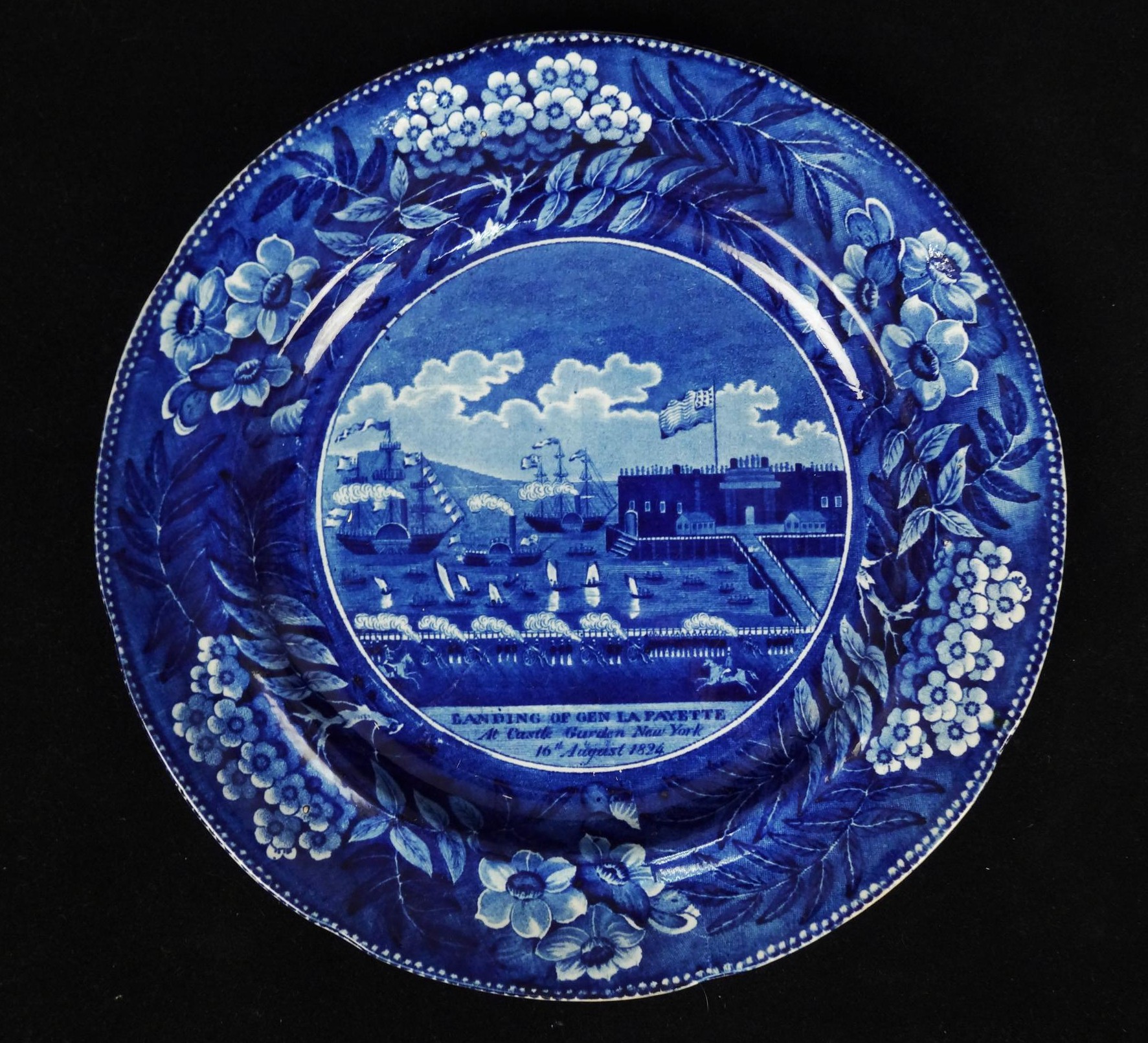 Antique Blue and White Transfer Historical Staffordshire Lafayette Seascape Plate