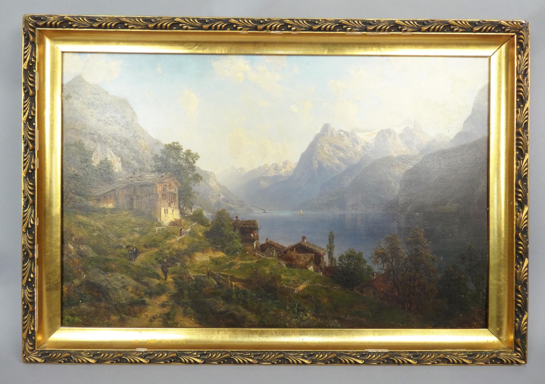 Antique Oil Painting Monumental Landscape Cottages on Mountains with Lake