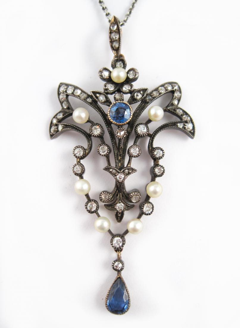 Antique Art Nouveau Diamond Pearl Sapphire Gold Lavalier Pendant
