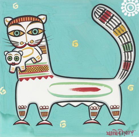 Jamini Roy painting, "Cat with Kitten"