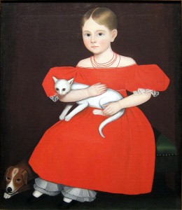 "Girl in red dress with cat and dog," portrait by Ammi Phillips