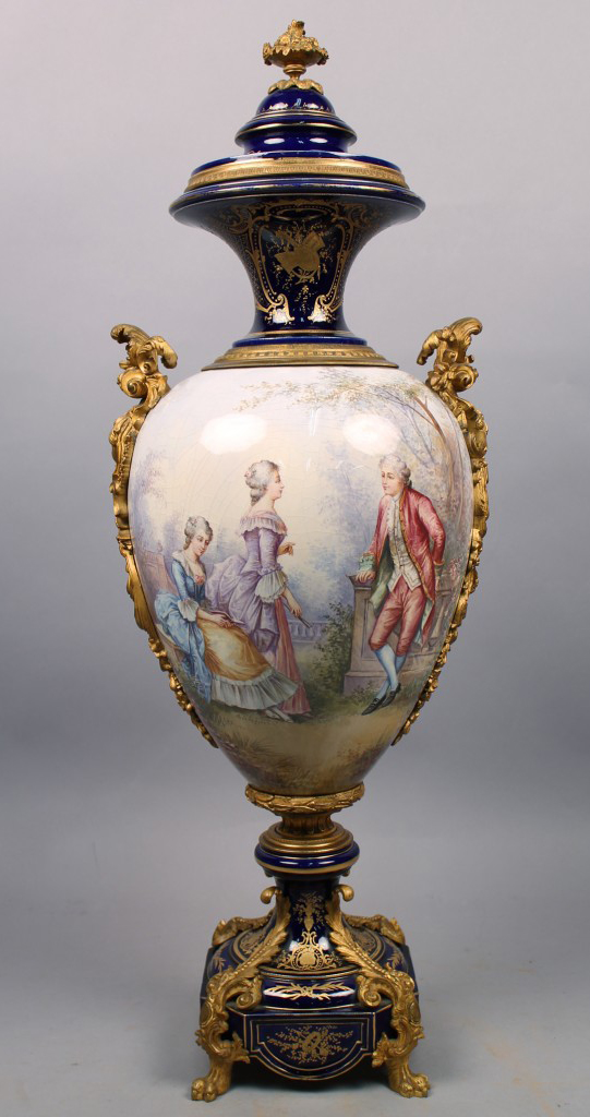 Antique Hand Painted Lord and Ladies French Porcelain and Brass Urn