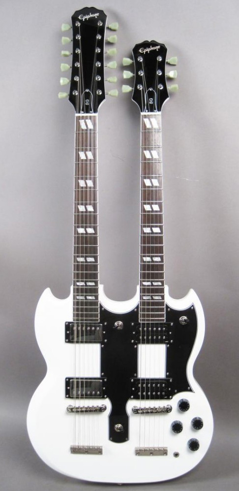 Vintage Epiphone Double Necked White and Black Guitar with Inlaid Fret
