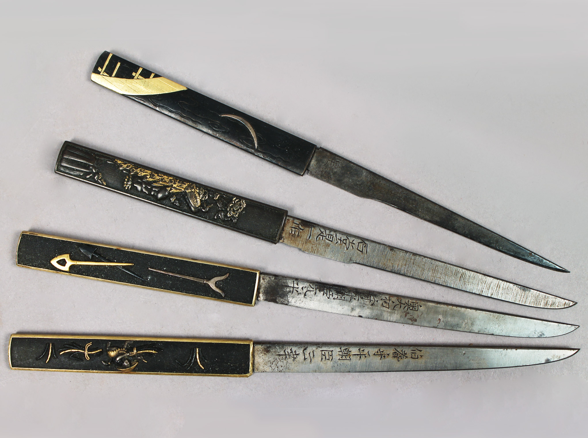 Antique Signed Japanese Knives with Black and Gold Lacquered Wood Handles