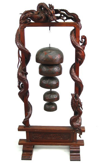 Antique Set Hammered Brass Temple Bells with Ornate Carved Dragon Wood Frame