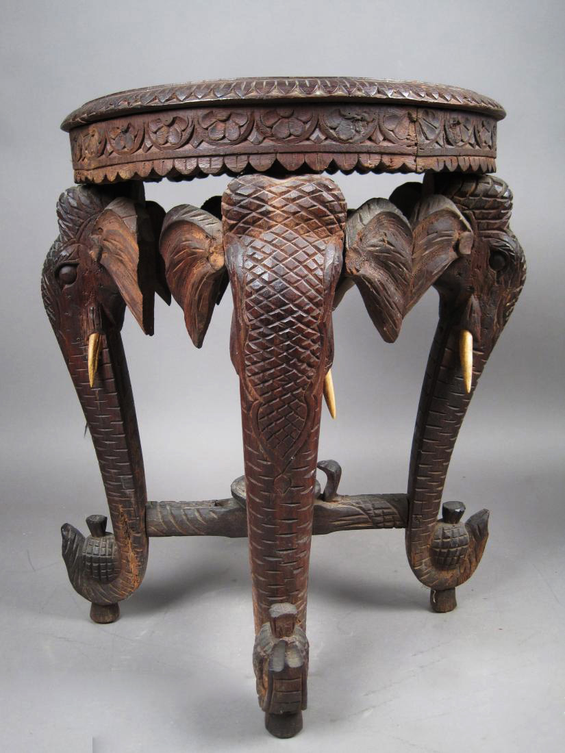 Anglo Raj Carved Wood and Ivory Figural Elephant Accent Table