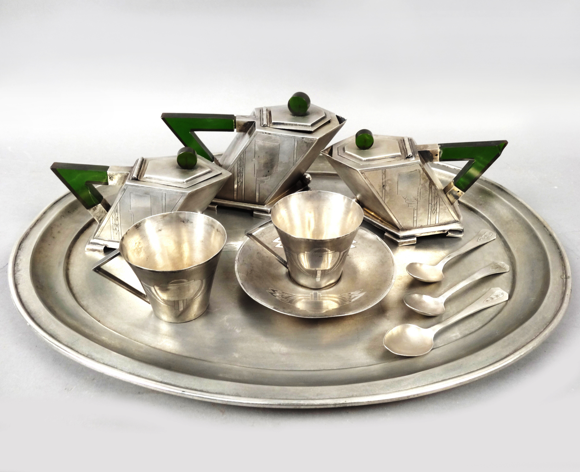 Geometric Anglo Raj Silver & Jade Tea Set