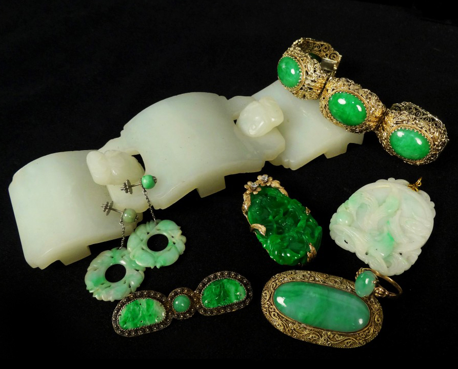 Antique Carved Chinese Green Jade Jadeite Pendant Bracelet Brooch Gold Filigree