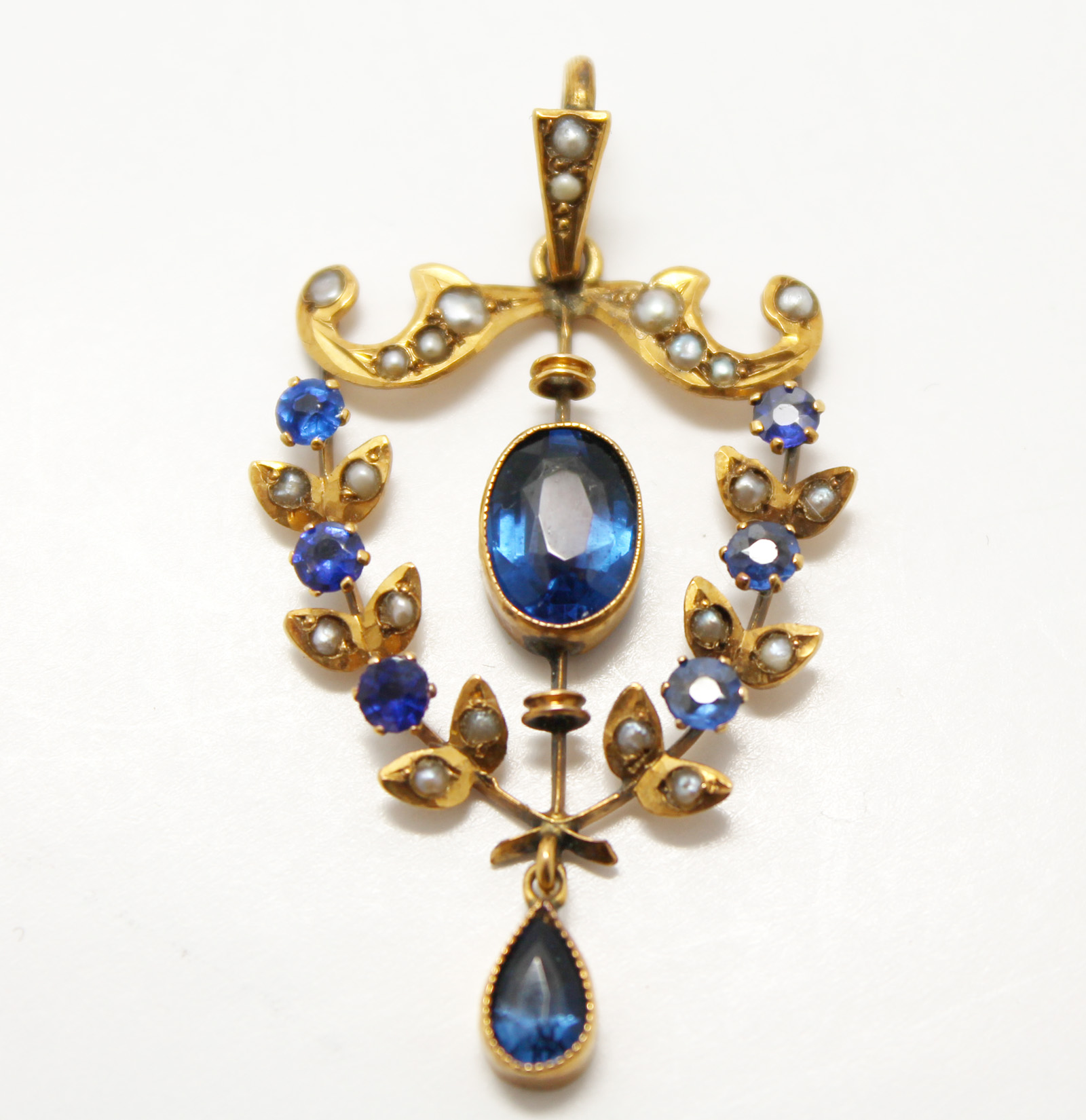 Antique 19th Century English 9k Yellow Gold Sapphire Seed Pearl Lavalier Necklace