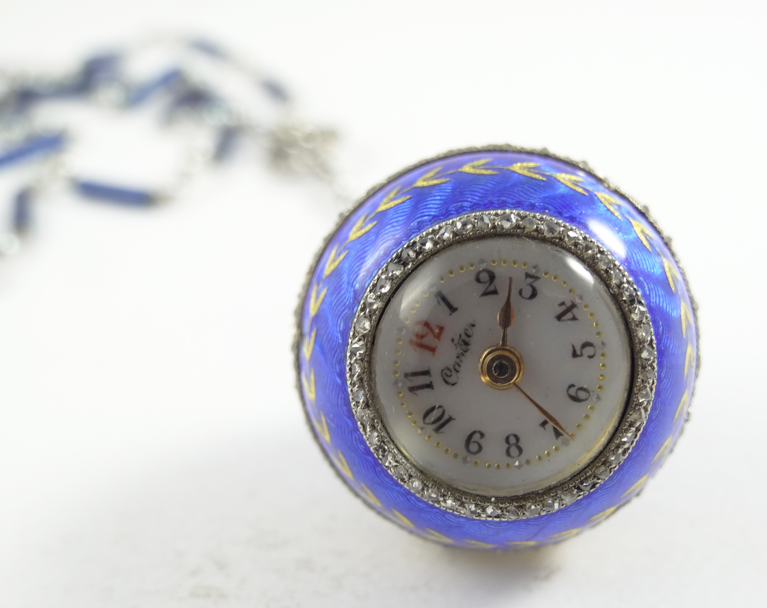 Vintage Cartier Enamel Guilloche Diamond Mechanical Pendant Watch