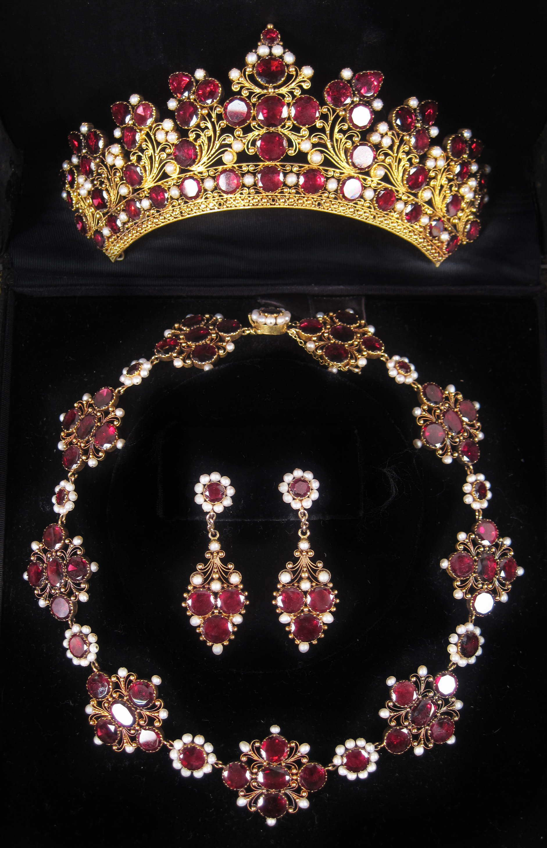 Antique Gold Ruby and Pearl Tiara Necklace and Earring Suite