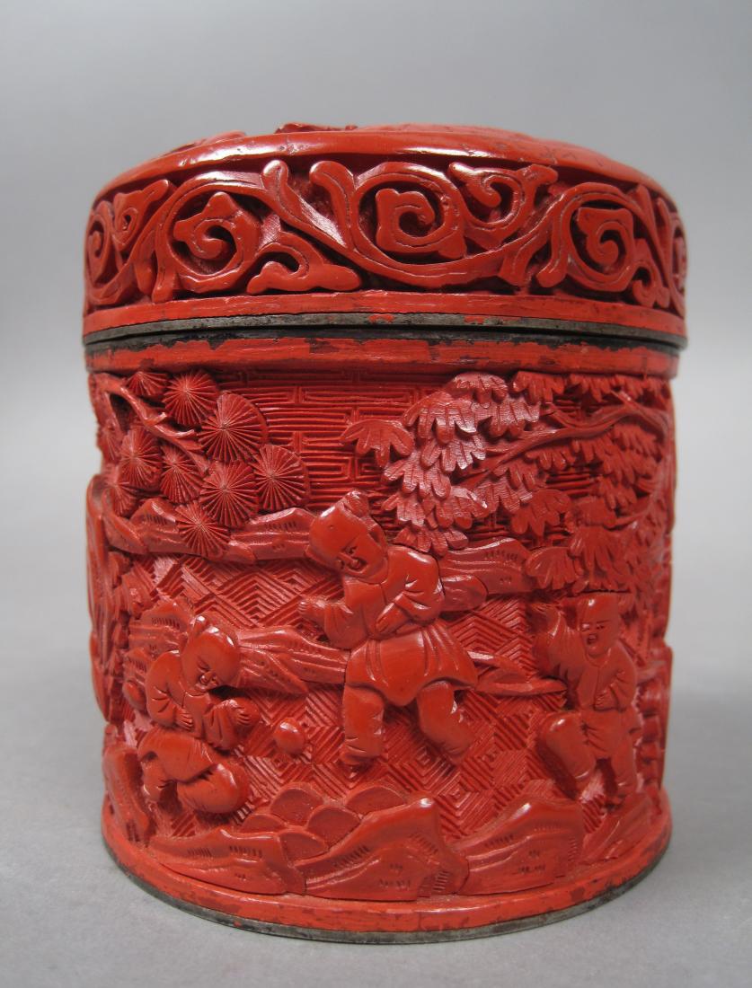 Antique Carved Wood Landscape Scene Cinnabar Lacqerware Tea Caddy