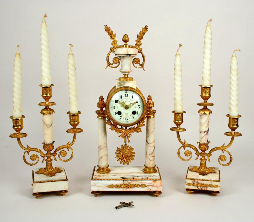 Antique Marble Gilded Art Nouveau Mantle Mechanical Clock And Candelabra Garniture