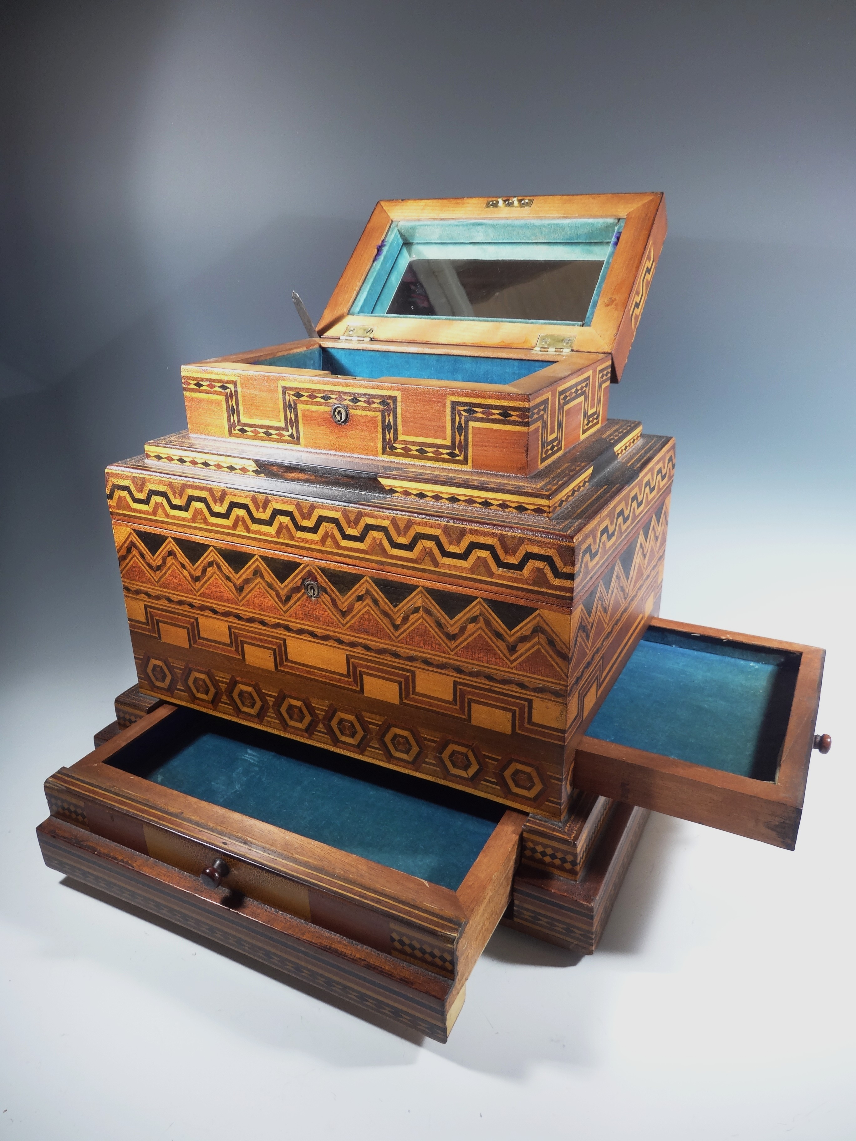 Antique American Folk Art Wood Inlay Geometric Pattern Mirrored Box with Drawers