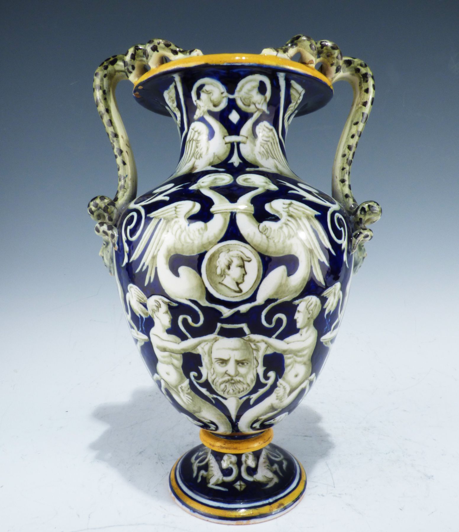 Antique Italian Ginori Faience Pottery Handled Urn with Classical Nude Figures and Figural Snake Handles
