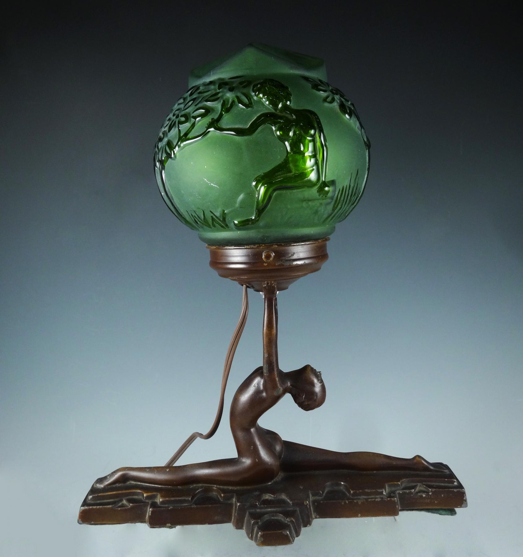 Antique Art Deco Figural Nude Cast Bronze Green Glass Nuart Lamp